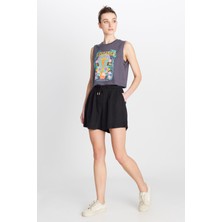 Relaxed Fit Geniş Kesim Yumuşak Dokulu Bağcıklı Siyah Şort