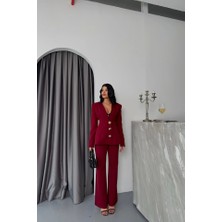 Fevien Tasarım Ceket-Pantolon Takım Metal Düğme Detaylı - Bordo