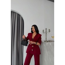 Fevien Tasarım Ceket-Pantolon Takım Metal Düğme Detaylı - Bordo