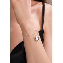 Gümüş Yuvarlak Halkalı Kalpli Kalp Oval Ataç Halkalı Zincir Hallow Taşsız Bileklik