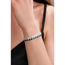 Gümüş Oval Yeşil ve Beyaz Zirkon Taşlı Taşlı Iki Sıralı Rodyumlu Su Yolu Bileklik