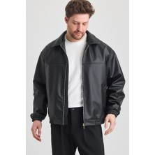 Merstore Oversize Erkek Siyah Deri Ceket