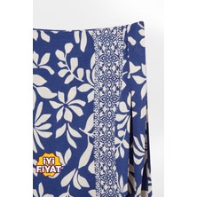 Kübra tekstil Kadın Mavi Regular Fit Desenli Keten Midi Boy Etek , Kadın Etek