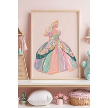 Artiera Çiçekli Prenses Pastel Renkli Elbise Taç Illüstrasyonu Çocuk Odası Ahşap Çerçeveli Duvar Tablosu