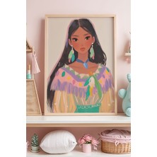 Artiera Renkli Tüy Küpeli Kız Illüstrasyonu Çocuk Odası Ahşap Çerçeveli Duvar Tablosu