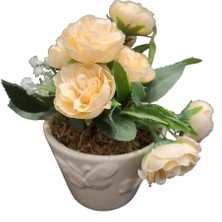 Kendinden Kelebek Desenli Sarı Beyaz Yapay Çiçekli Yeşil Yapraklı Topraklı Yuvarlak Saksı 1 Adet