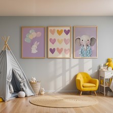 Artiera Sevimli Fil ve Tavşan Balonları – Doğal Ahşap Çerçeveli Çocuk Odası Tablo Seti