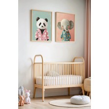 Artiera 2'li Pijamalı Panda ve Fil  Çocuk Odası ve Bebek Odası Ahşap Çerçeveli Duvar Tablosu