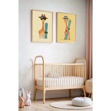 Artiera 2'li Kayakçı Zürafalar Çocuk Odası ve Bebek Odası Ahşap Çerçeveli Duvar Tablosu