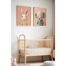 Artiera 2'li Pijamalı Tavşan ve Fil Bebek Odası ve Çocuk Odası Ahşap Çerçeveli Duvar Tablosu