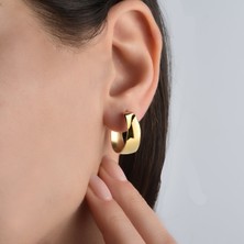 Nox Jewelry 14 Ayar Altın Kaplama Kalın Halka Gümüş Küpe - Minimal Gold Klasik Kadın Küpe