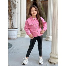 Yağmurun Butiği Pembe Renk Kelebek Nakış İşlemeli Düğme Detaylı Kız Çocuk Kot Ceket