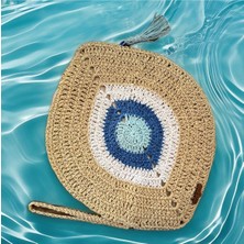 Bright3 Nazar Boncuklu , El Yapımı, El Örgüsü, Clutch , Portföy Çanta, Fermuarlı, Astarlı, Mavi Püsküllü,