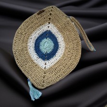 Bright3 Nazar Boncuklu , El Yapımı, El Örgüsü, Clutch , Portföy Çanta, Fermuarlı, Astarlı, Mavi Püsküllü,