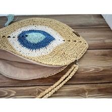 Bright3 Nazar Boncuklu , El Yapımı, El Örgüsü, Clutch , Portföy Çanta, Fermuarlı, Astarlı, Mavi Püsküllü,