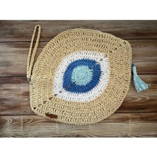Bright3 Nazar Boncuklu , El Yapımı, El Örgüsü, Clutch , Portföy Çanta, Fermuarlı, Astarlı, Mavi Püsküllü,