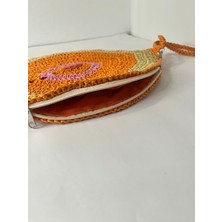Bright3 Nazar Boncuklu ,el Yapımı, El Örgüsü, Clutch ,portföy Çanta, Fermuarlı, Turuncu Püsküllü
