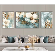Harikabirev Harikabirev|soft Gold-Mavi Çiçek Desenli Kombini |çerçeveli Temperli Cam Tablo 3lü Yatay