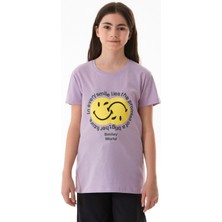 %100 Pamuk Gülen Yüz ve Slogan Baskılı Kız Çocuk Tişört