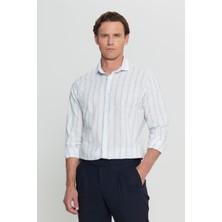 Pamuklu Keten Comfort Fit Rahat Kesim Gizli Düğmeli Yaka Çizgili Gömlek