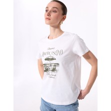 Fabrika Bisiklet Yaka Baskılı Beyaz Kadın T-Shirt F5SL-TST0473