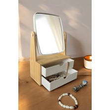 İronika Bambu 2 Çekmeceli Aynalı Makyaj Organizeri Saat Kolye Yüzük Takı Aksesuar Kutusu Makyaj Aynası