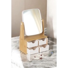 Ironika Bambu 4 Çekmeceli Aynalı Makyaj Organizeri Saat Kolye Yüzük Takı Aksesuar Kutusu Makyaj Aynası