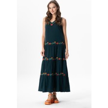 Kolsuz Şile Bezi Bahar V Yaka Nakışlı Uzun Yazlık Elbise Petrol Ptrl