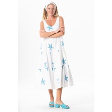 Kolsuz Artemis Oval Yaka Yıldız Baskılı Midi Boy Müslin Yazlık Elbise Beyaz Yıldız Desen Byzyldz