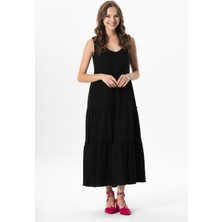 Kolsuz Artemis Oval Yaka Yıldız Baskılı Midi Boy Müslin Yazlık Elbise Siyah Syh