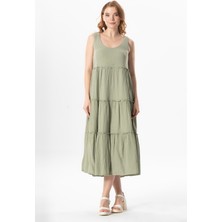 Kolsuz Artemis Oval Yaka Yıldız Baskılı Midi Boy Müslin Yazlık Elbise Zeytin Yeşili Zytnysl