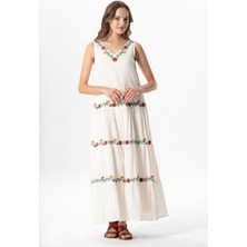 Kolsuz Şile Bezi Bahar V Yaka Nakışlı Uzun Yazlık Elbise Krem Krm