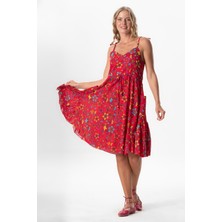 Askılı Vual Melisa Kısa Yazlık Etnik Elbise Sarmaşık Kırmızı Srmşk Krmz