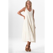 Kolsuz Artemis Oval Yaka Yıldız Baskılı Midi Boy Müslin Yazlık Elbise Kırık Beyaz Krkbyz