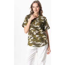 Eliş Şile Bezi Kısa Kol Şile Bezi Seda V Yaka Kamuflaj Yazlık Bluz Yeşil Ysl