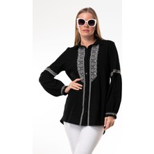 Uzun Kol Şile Bezi Maviş Nakış Işlemeli Yazlık Gömlek Siyah Syh