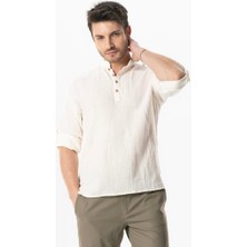 Uzun Kol Hakim Yaka Müslin Yazlık Sweatshirt Kırık Beyaz Krkbyz