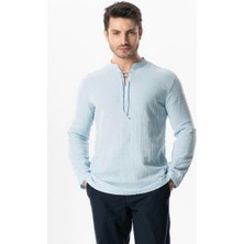 Uzun Kol Doruk V Yaka Bağcıklı Müslin Erkek Yazlık Tshirt Buz Mavi Bmv