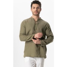 Uzun Kol Doruk V Yaka Bağcıklı Müslin Erkek Yazlık Tshirt Haki Hk