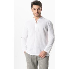 Uzun Kol Doruk V Yaka Bağcıklı Müslin Erkek Yazlık Tshirt Beyaz Byz
