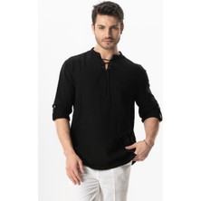 Uzun Kol Doruk V Yaka Bağcıklı Müslin Erkek Yazlık Tshirt Siyah Syh