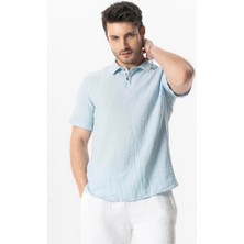 Eliş Şile Bezi Kısa Kol Polo Yaka Müslin Yazlık Tshirt Buz Mavi Bmv