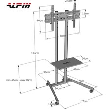 Alpın Ev Tipi Salon,oturma Odası,balkon ve Toplantı Odası Tekerlekli Metal Ayaklı Tv/fuar Standı/ünitesi 40" Inç- 75" Inç