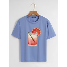 Softway Unisex Oversize Bisiklet Yaka Orange Cocktail Baskılı Basic T-Shirt - Mavi