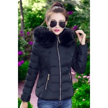 Kışlık Kapüşonlu Kürklü Şişme Kadın Mont