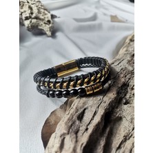 Luna Jewelry Erkek Siyah & Altın Detaylı Hybrid Force 316L Çelik ve Deri Bileklik