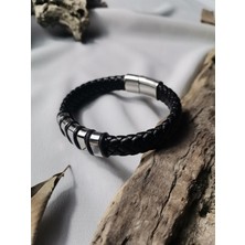 Luna Jewelry Erkek Siyah Titan Weave 316 L Çelik ve Deri Bileklik