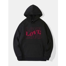 Unisex Theree Love Baskılı Kapüşonlu Içi Yumuşak Polarlı Oversize Sweatshirt - Siyah