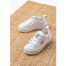 Ellolita Luxury Shoes DM-7100  Beyaz Bağcıklı Termo Taban Taş Aksesuarlı Günlük Spor Ayakkabı