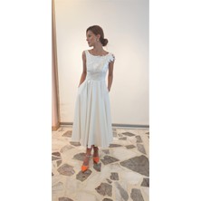 Tasarım Güpür Detaylı Beyaz Midi Nikah& After Party&mezuniyet Elbisesi
